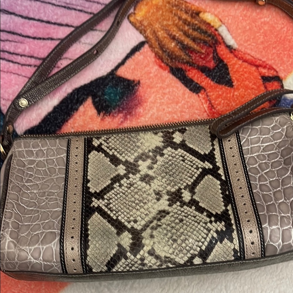 Brahmin Gray and Brown Shoulder Bag with Snakeskin Print